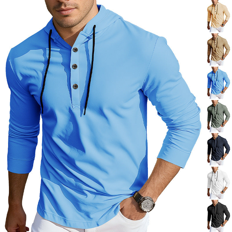Men's Hooded Henley Long Sleeve Shirt made of lightweight stretch jersey with drawstring Mune Fashion