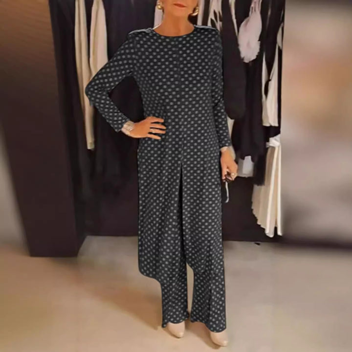 Women Nan Polka Dot Lounge Set with Long A-Line Tunic, Center Front Slit, and Wide Palazzo Pants Mune Fashion