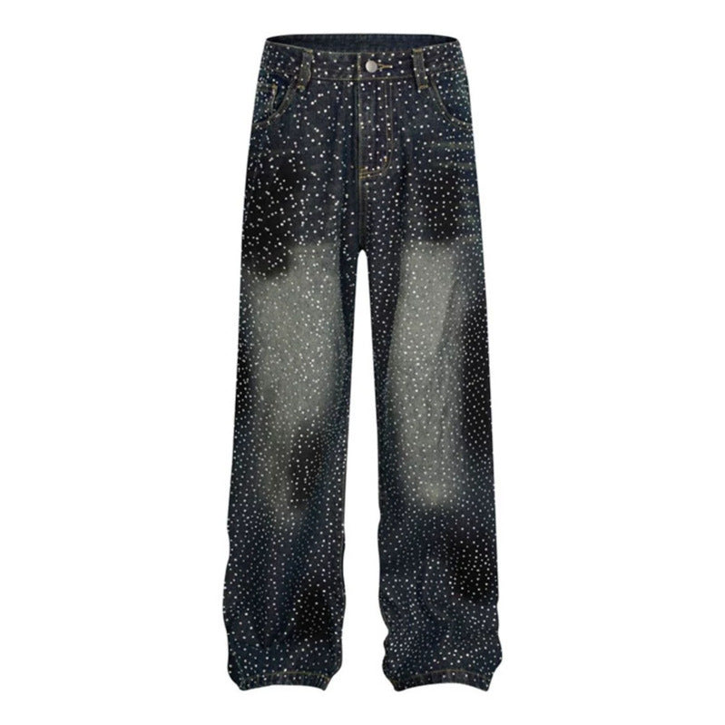 Ladies Wide High-Waist Denim Palazzo Jeans with Allover Rhinestones and Elastic Hem