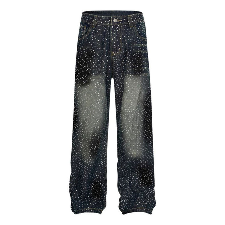 Ladies Wide High-Waist Denim Palazzo Jeans with Allover Rhinestones and Elastic Hem