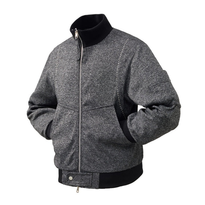 Men's wool blend bomber jacket with stand-up collar, ribbed cuffs, and utility arm pocket Mune Fashion