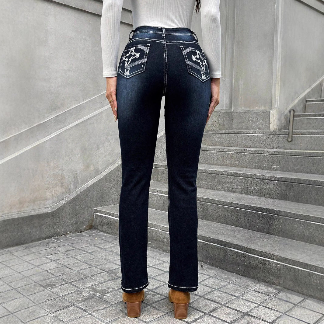 Women High-waisted slim fit Straight Jeans with contrast seams and slight flare Mune Fashion