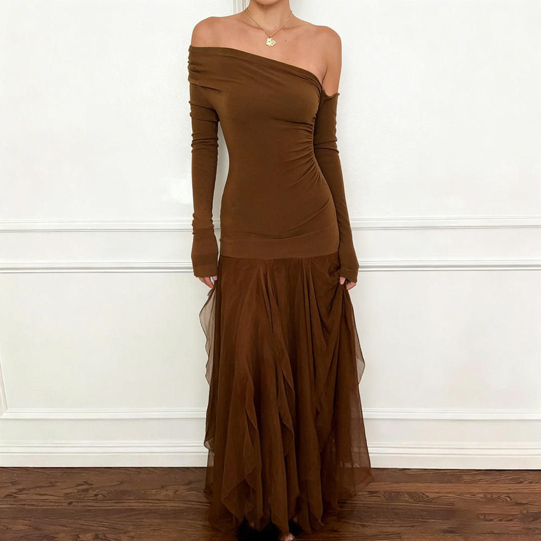Women One-Shoulder Evening Dress with Fitted Stretch Silhouette and Layered Tulle Mermaid Skirt Mune Fashion