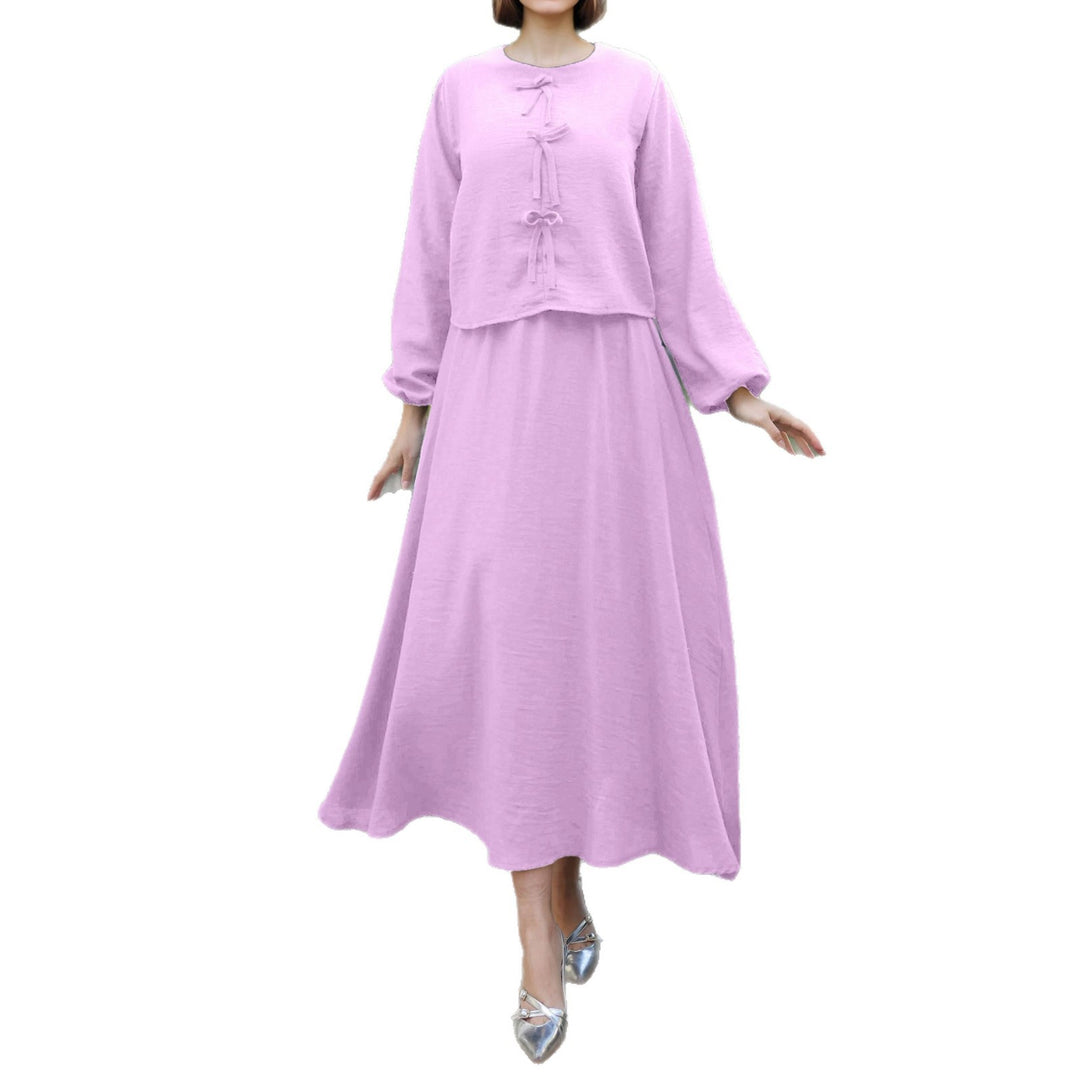 Ladies Long Two-Piece Maxi Dress with Overlay, Round Neck and Decorative Knot