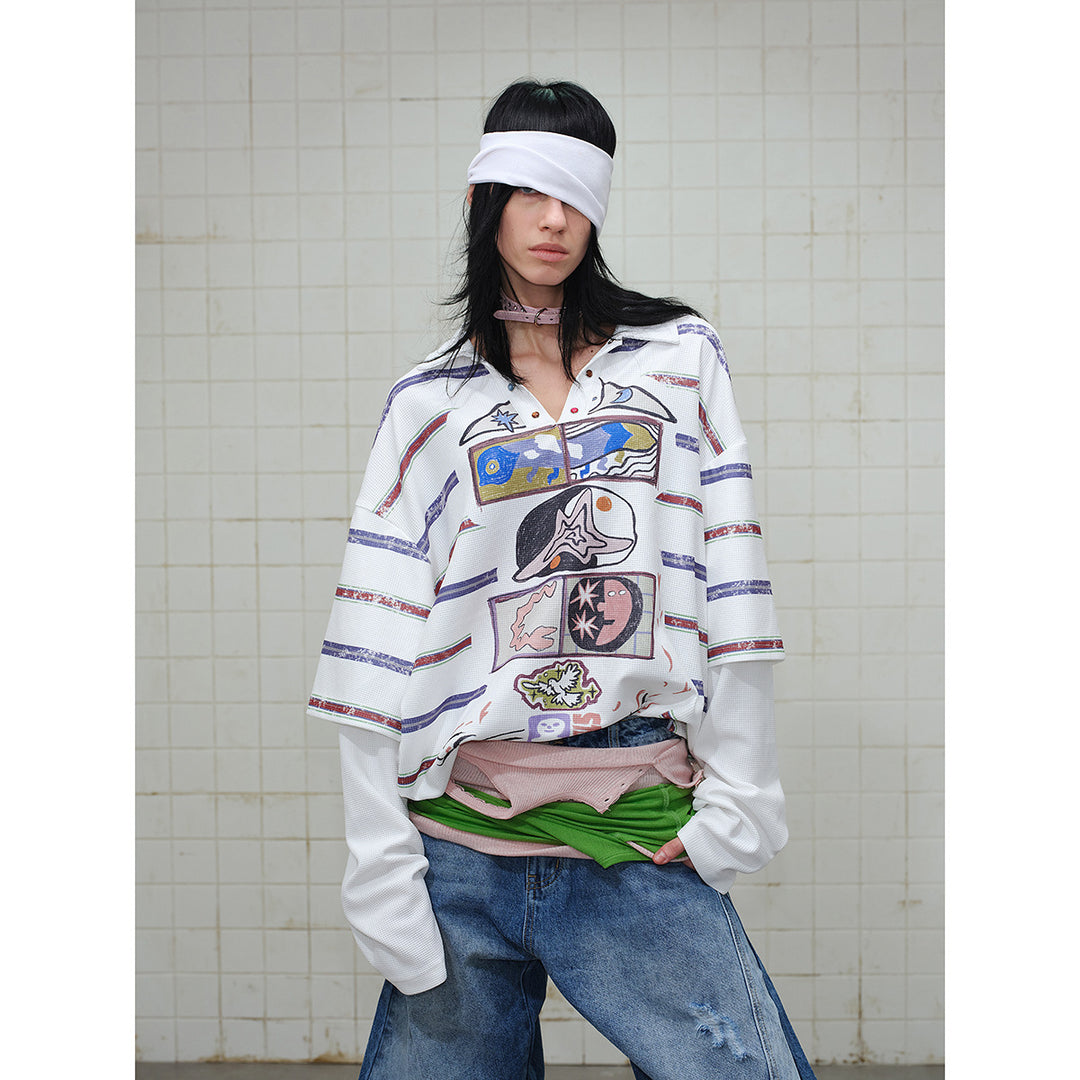 Women Waffle Polo Shirt with Graphic Print, Stripes and Half Snap Placket Mune Fashion