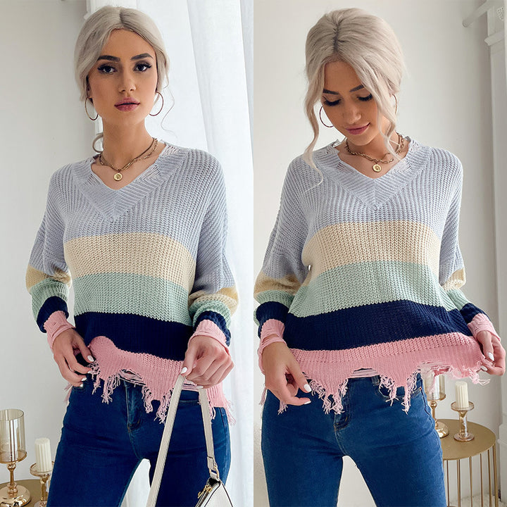 Women's Oversize V-Neck Knitted Sweater with Striped Design and Frayed Hem Mune Fashion