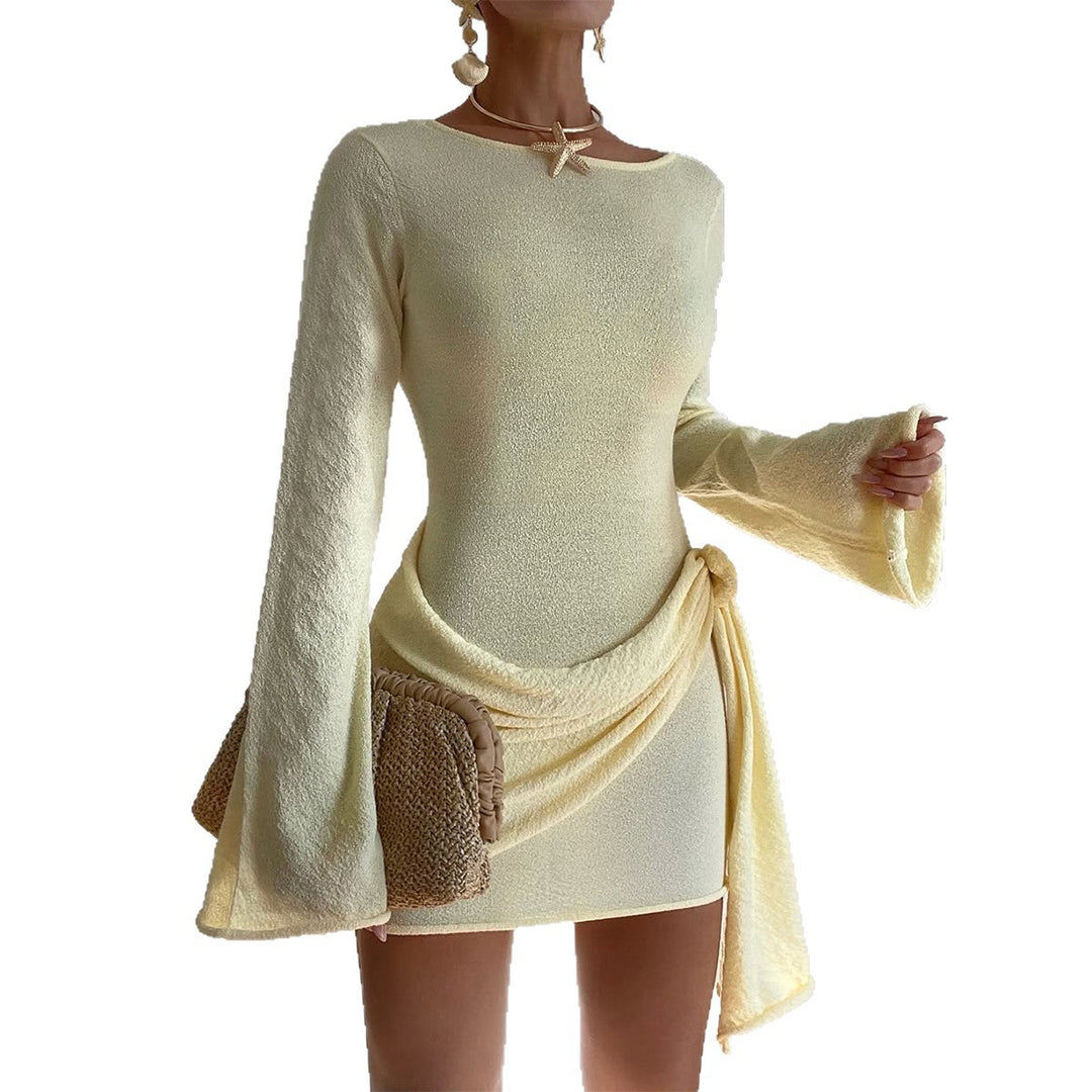 Women's elegant terry mini dress with tailored silhouette, long sleeves and side draped bow Mune Fashion