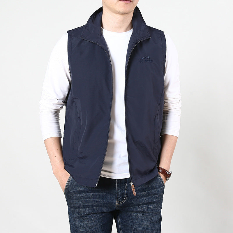 Men's Sleeveless Utility Vest with Stand Collar, Zipper and Pockets Mune Fashion