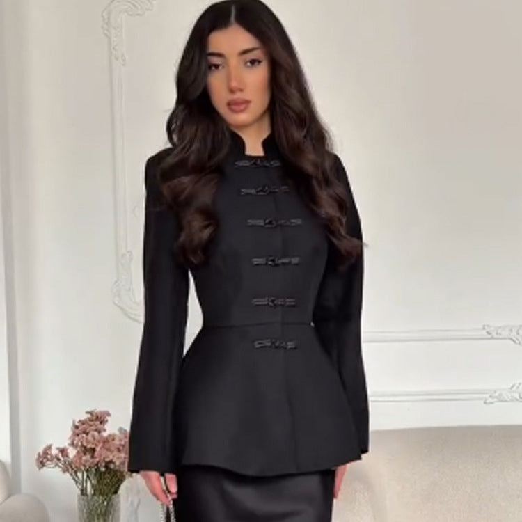 Women's Tailored Peplum Jacket with Stand Collar and Decorative Toggle Fasteners Mune Fashion