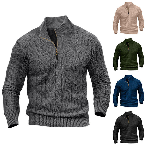 Men's Cable Knit Half-Zip Sweater with Mock Neck and Slim Silhouette Mune Fashion
