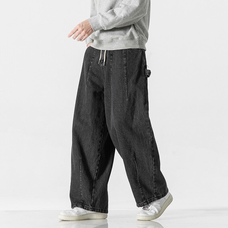 Men's Extra Wide Baggy Jeans in Vintage Wash with Drawstring and Elastic Hem Mune Fashion
