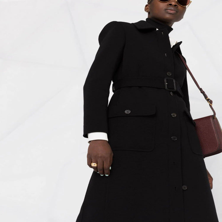 Women Tailored Midi Coat with Belt and Flap Pockets Mune Fashion