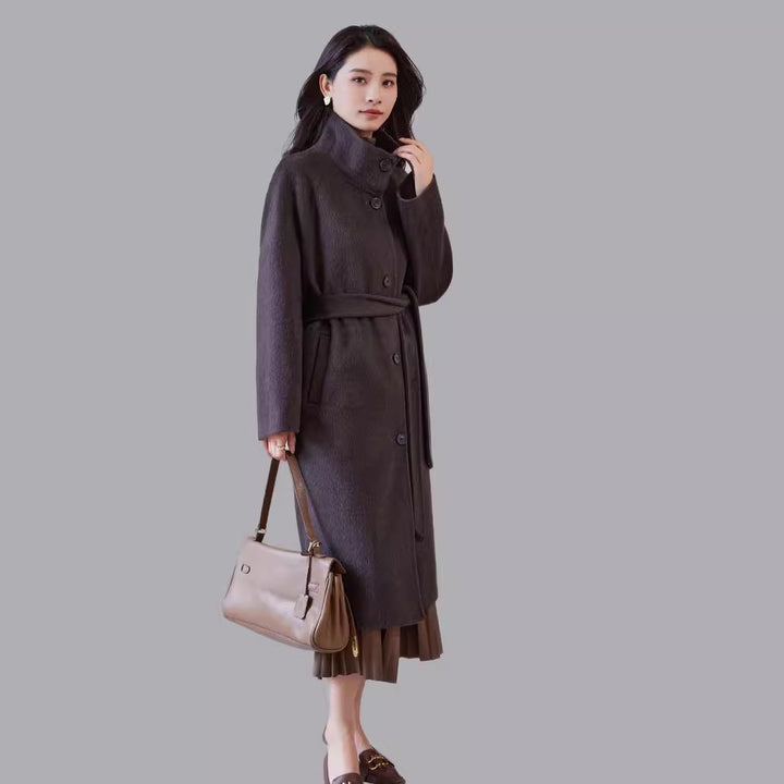 Women's Oversized Wool Coat with Stand-up Collar and Waist Belt Mune Fashion