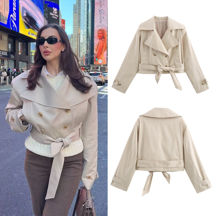 Women Cropped Trench Coat with Wide Lapels, Waist Belt and Double Button Row Mune Fashion