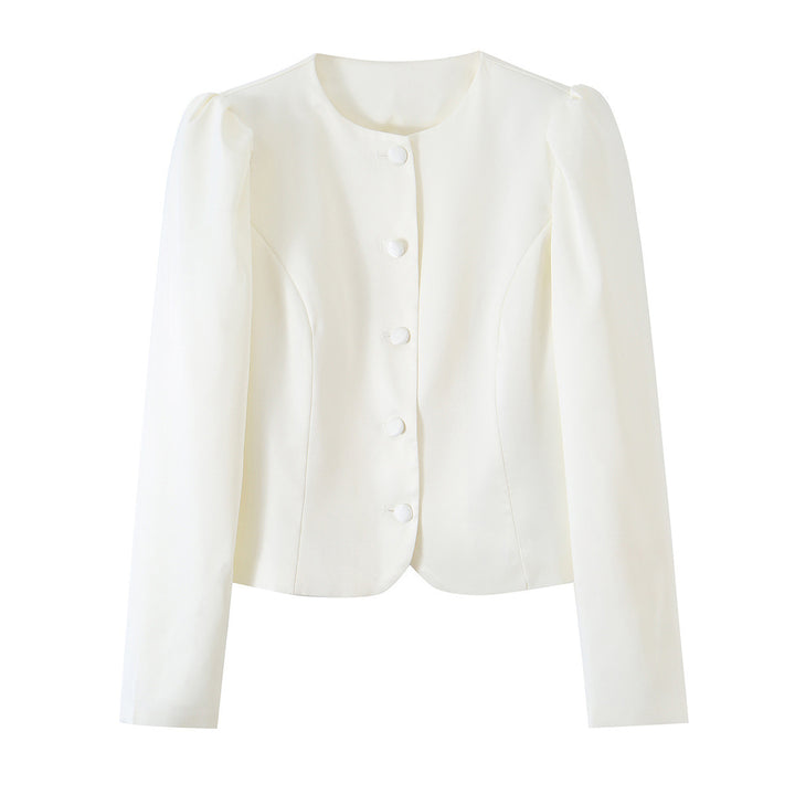 Women's Tailored Short Blazer with Puff Sleeves and Covered Buttons Mune Fashion