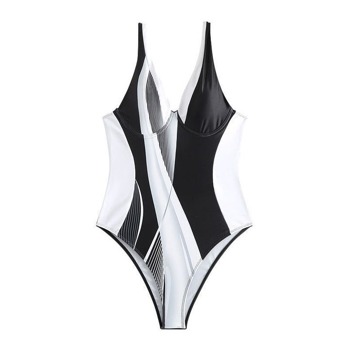 Women One-Piece Swimsuit with Graphic Pattern and Deep V-Neck Mune Fashion