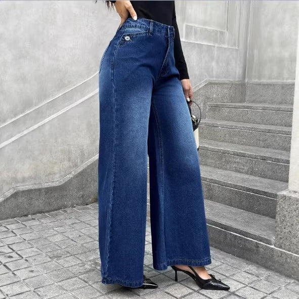 Women High-Waist Denim Palazzo Pants with Flowing A-Line and Wide Leg Mune Fashion