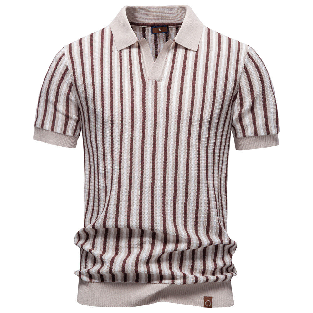 Men's striped knit polo shirt short sleeve made of fine cotton blend with polo collar and ribbed cuffs Mune Fashion