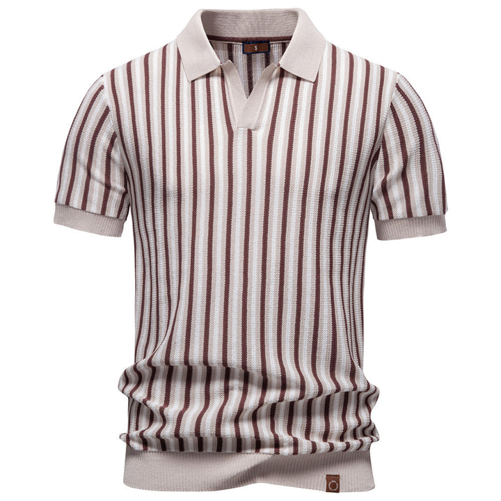 Men's striped knit polo shirt short sleeve made of fine cotton blend with polo collar and ribbed cuffs Mune Fashion