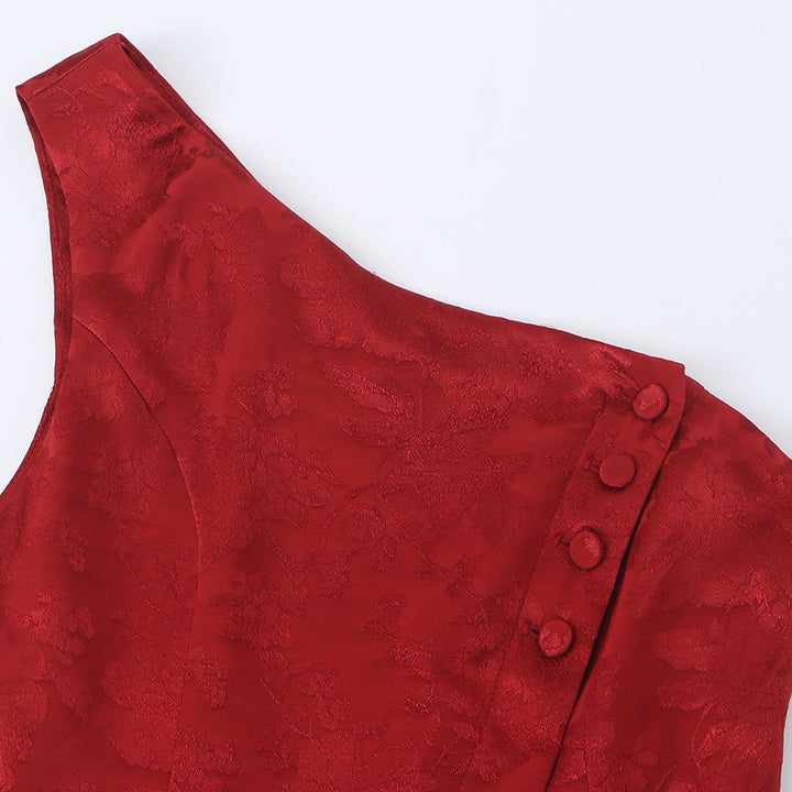 Women's One-Shoulder Jacquard Top with Waistband and Decorative Bow Mune Fashion
