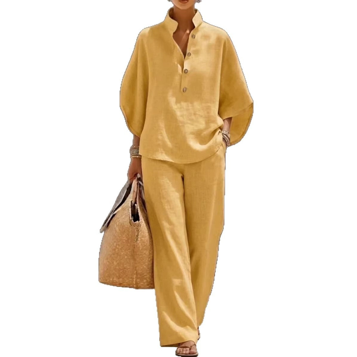 Women Lightweight Linen Loungewear Set with Stand-up Collar Button Placket and Wide Marlene Cut Mune Fashion