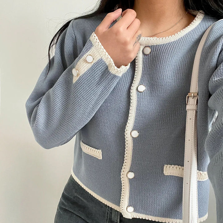Women Short-Cut Ribbed Cardigan with Contrast Crochet Trim, Decorative Button Placket and Pocket Trim Mune Fashion