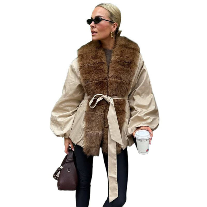 Women Short Tailored Jacket with Fur Collar and Balloon Sleeves Mune Fashion