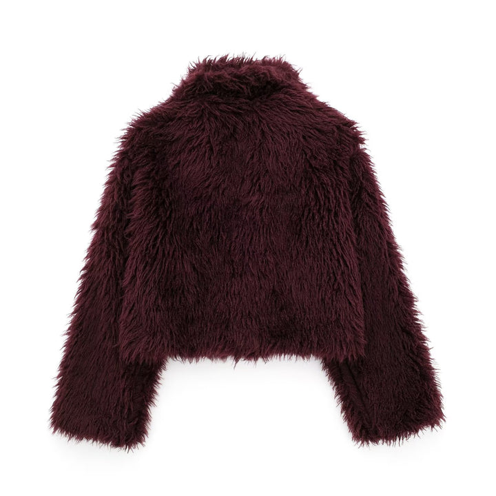 Women Short Cut Teddy Faux Fur Jacket with Wide Lapel Collar and Soft Pile Mune Fashion