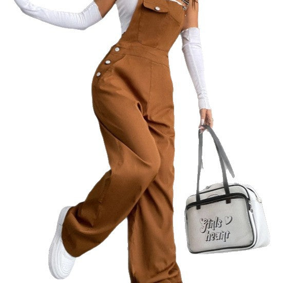Women's casual high-cut overall with wide legs, button details, and chest pocket Drune