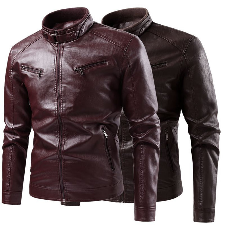 Men's Modern Faux Leather Jacket with Stand Collar and Zipper Pockets Mune Fashion