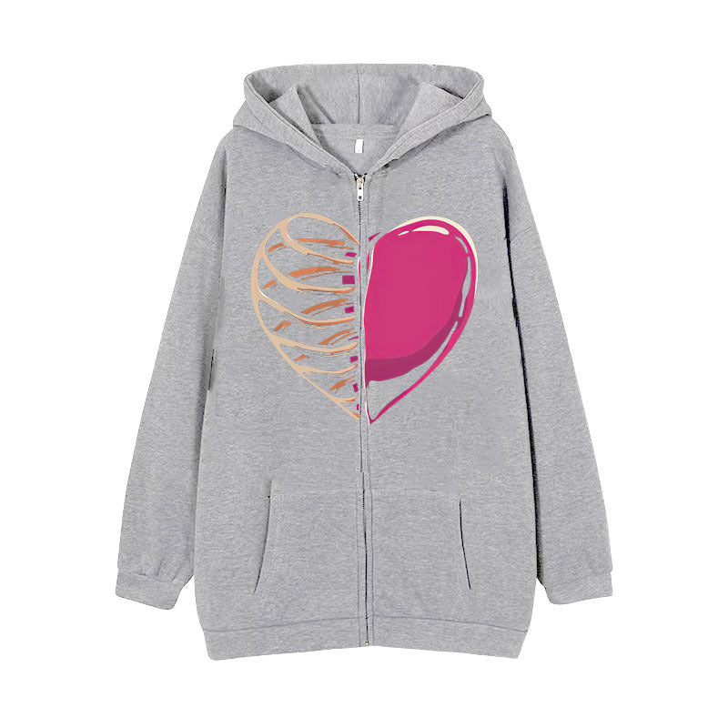 Women's hoodie jacket with full zipper and ribbed heart print Mune Fashion