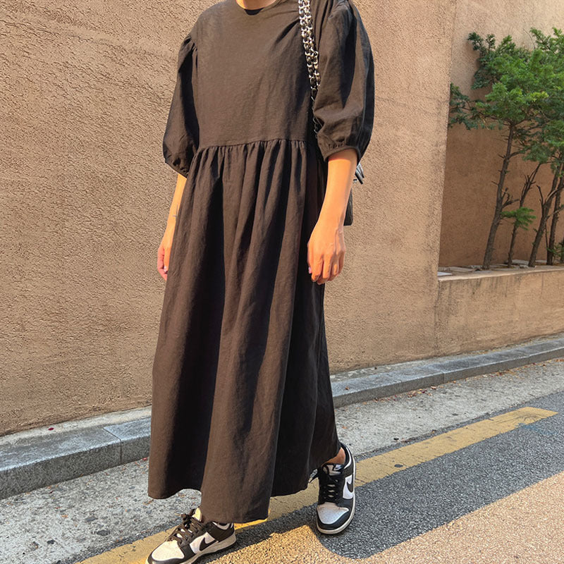 Women's Flowing Maxi Dress made of Linen Blend with Gathered Waist Seam and Balloon Sleeves Mune Fashion