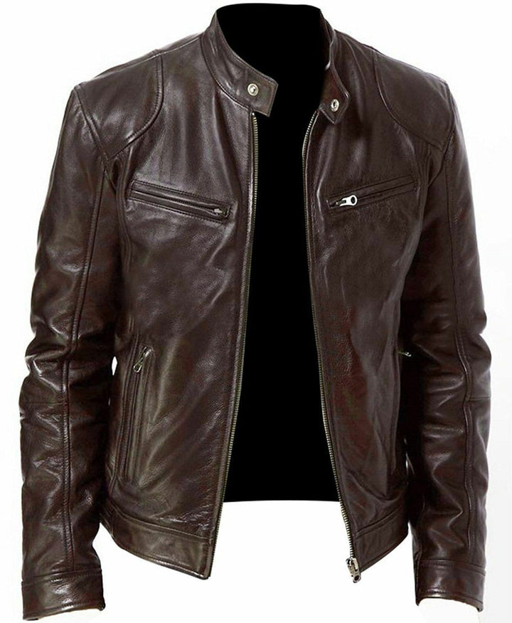 Men's nan vintage-inspired leather jacket in biker style with stand-up collar and visible zippers Mune Fashion