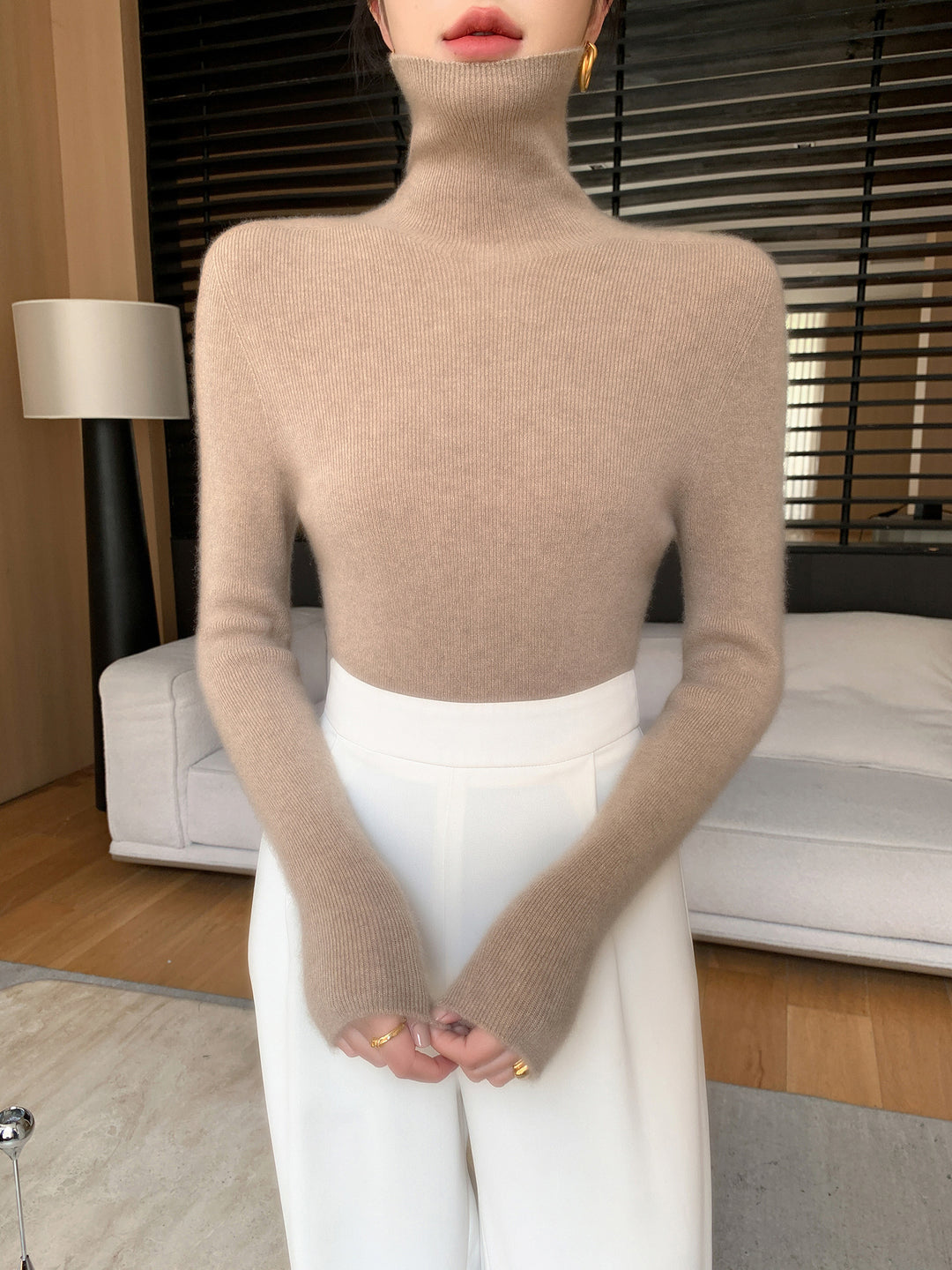 Women Slim Fine Knit Sweater with High Roll Neck and Fine Rib Structure Mune Fashion