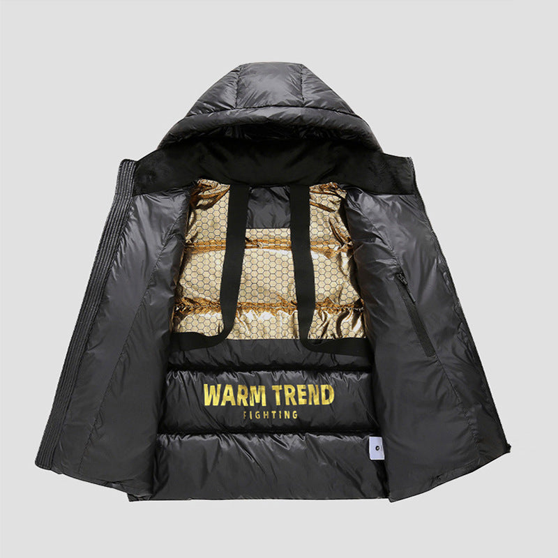 Men's glossy thermo quilted jacket with reflective lining, hood, and heat-insulating padding Mune Fashion