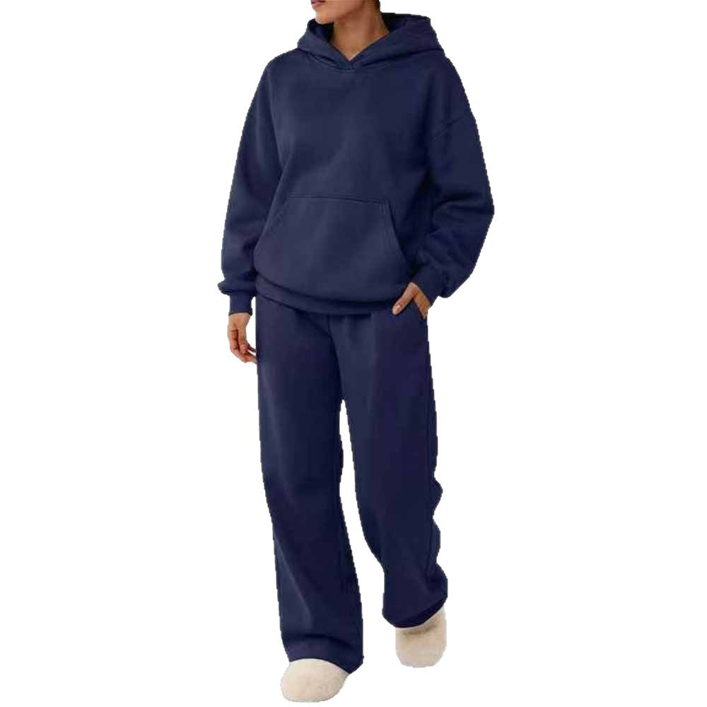 Women's two-piece leisure lounge set with hoodie, kangaroo pocket, and straight lounge pants made of soft cotton blend Mune Fashion