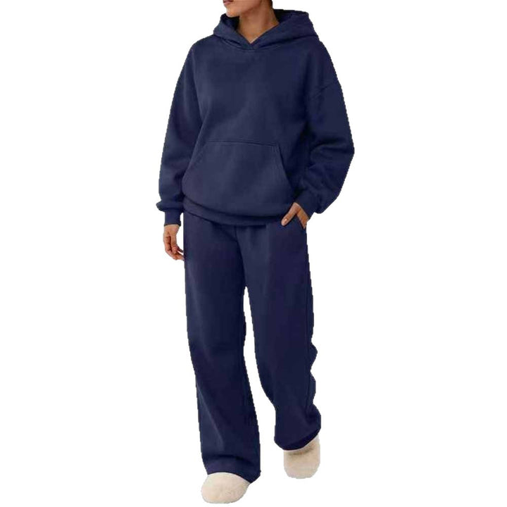 Women's two-piece leisure lounge set with hoodie, kangaroo pocket, and straight lounge pants made of soft cotton blend Mune Fashion