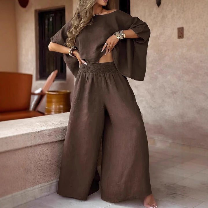 Women's Lightweight Linen Two-Piece with Cropped Oversized Top and Smocked Waist Palazzo Pants Mune Fashion