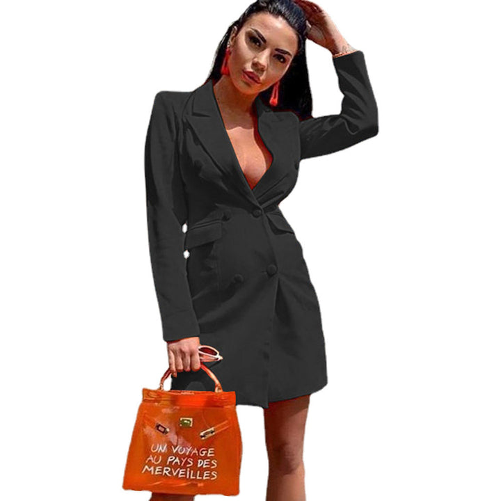 Women's Fitted Blazer Dress in Double-Breasted Style with Notched Collar and Flap Pockets
