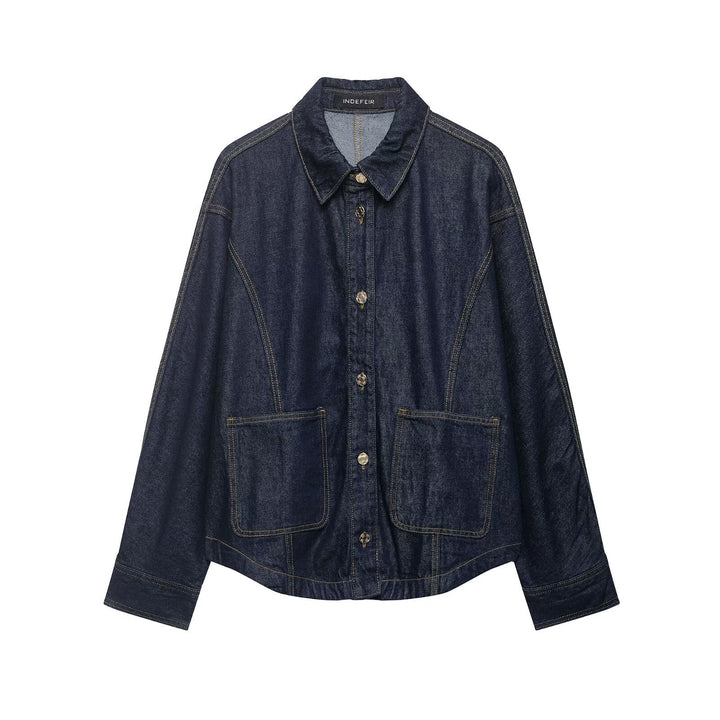 Women's Oversized Denim Jacket with Patch Pockets and Decorative Stitches Mune Fashion