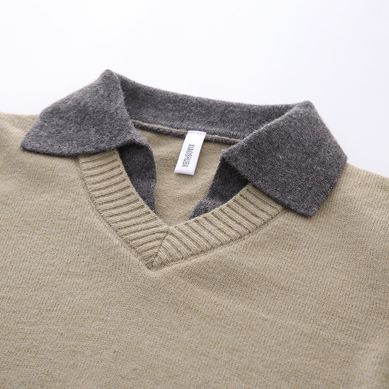 Unisex Casual Structured Knit Sweater with Open Polo Collar and Deep V-Neck Mune Fashion