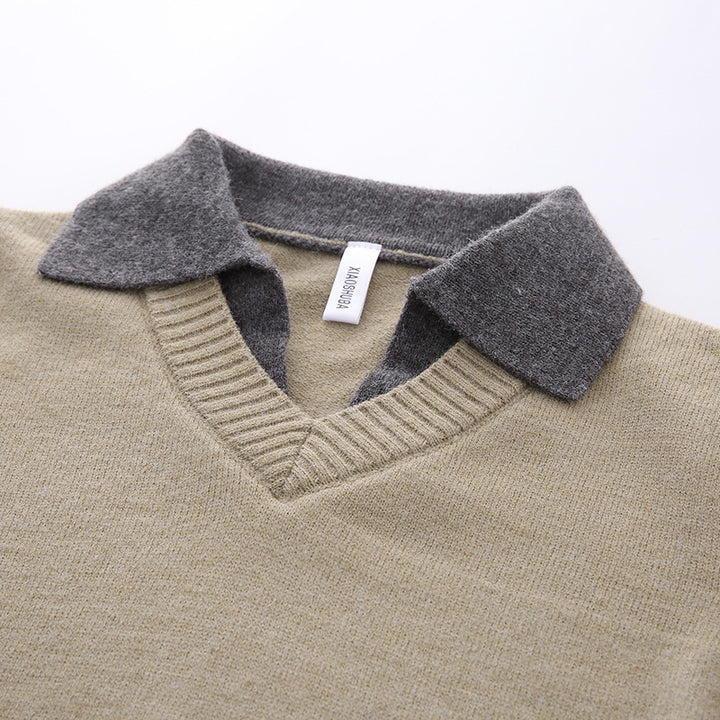 Unisex Casual Structured Knit Sweater with Open Polo Collar and Deep V-Neck Mune Fashion