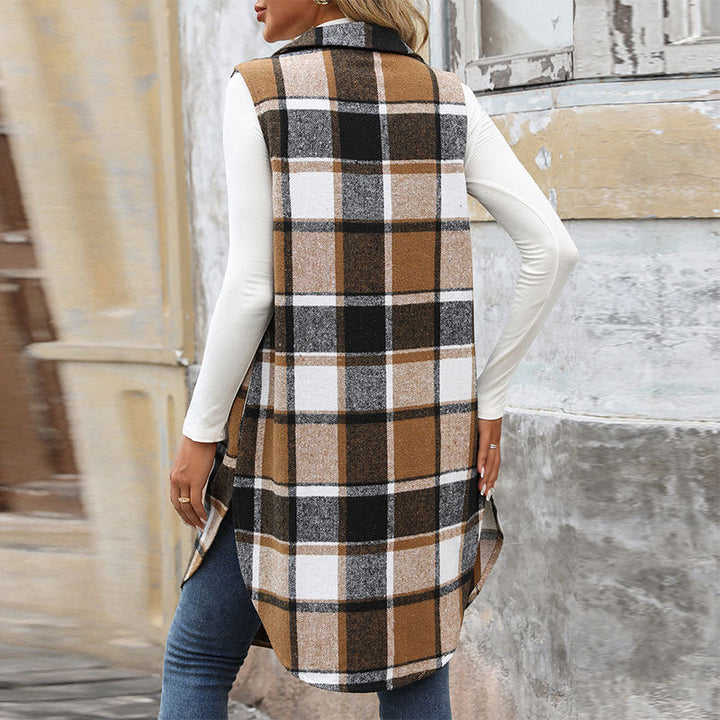 Women's Sleeveless Checkered Long Vest with Shirt Collar Mune Fashion