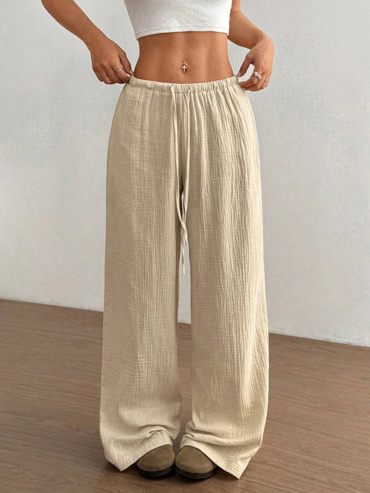Women Lightweight Linen Look Pants with Wide Leg, Elastic Waistband and Drawstring Mune Fashion