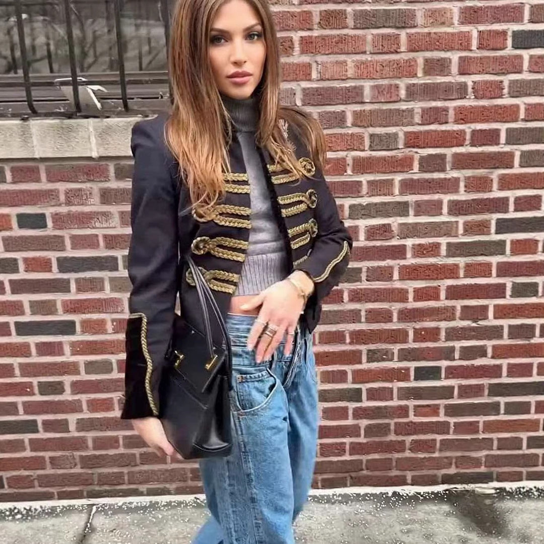 Women's Cropped Military Jacket with Decorative Cord and Velvet Collar Mune Fashion