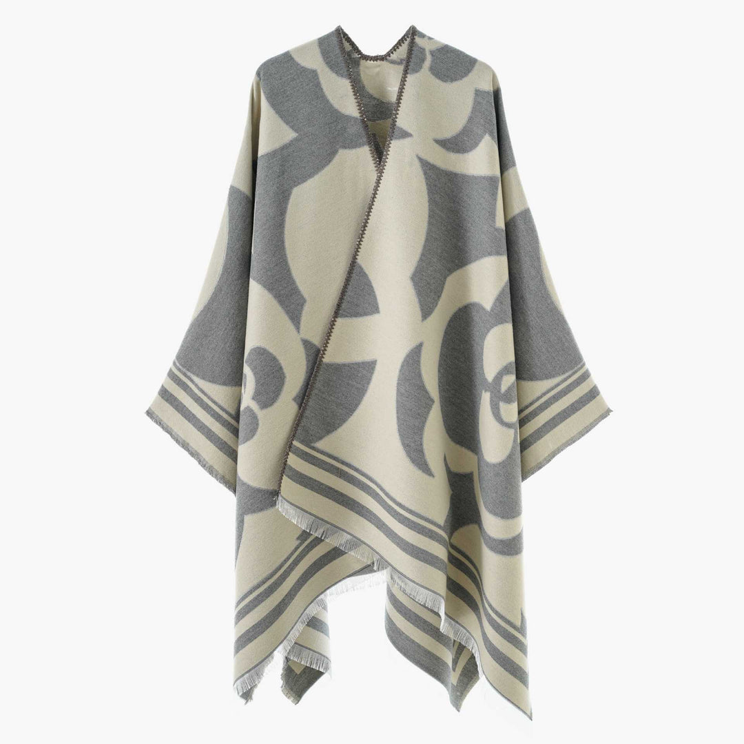 Women's coarse woven jacquard wrap with large ornamental pattern and decorative fringes Mune Fashion