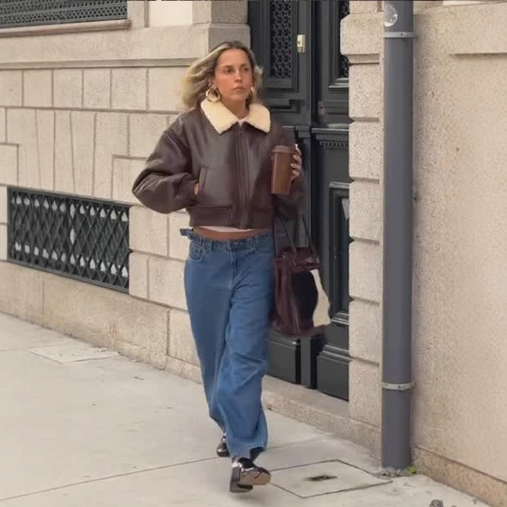 Ladies Oversized Pilot Jacket in Biker Bomber Style with Teddy Collar Mune Fashion
