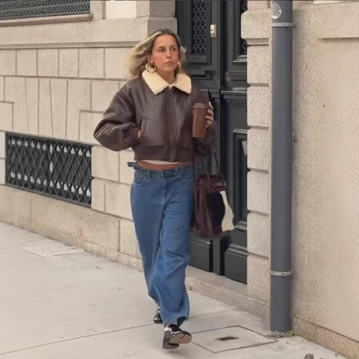 Ladies Oversized Pilot Jacket in Biker Bomber Style with Teddy Collar Mune Fashion