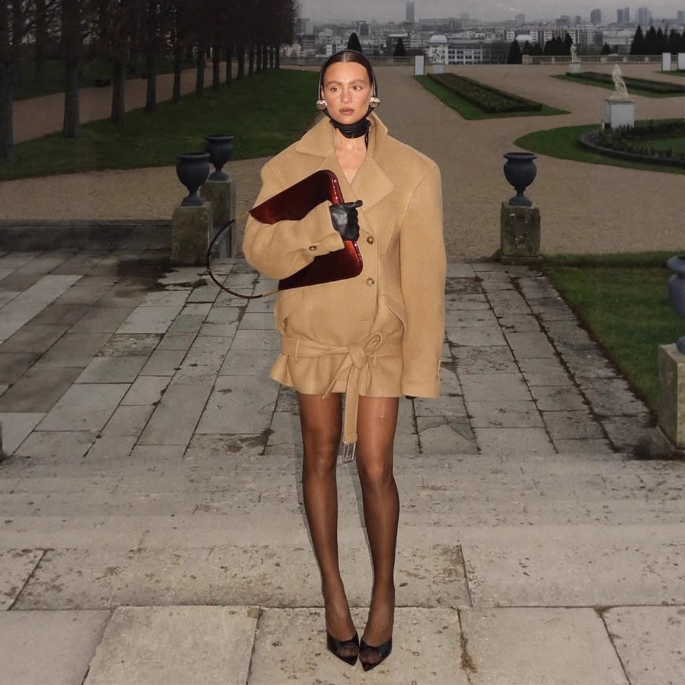 Women Tailored Wool Blend Short Coat with Tie Belt, Wide Lapels and Button Cuffs Mune Fashion