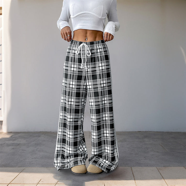 Women's Wide Lounge Pants in Checked Pattern with Elastic Waistband and Contrast Side Panel Mune Fashion